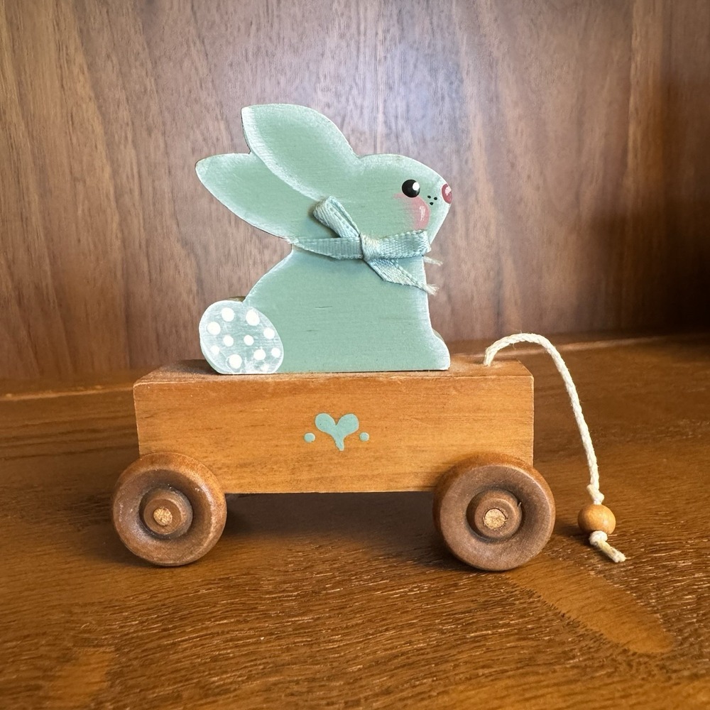 Vintage Hand Painted Wooden Baby Blue Bear & Rabbit. Farmhouse Cottagecore Decor - Picture 4 of 16
